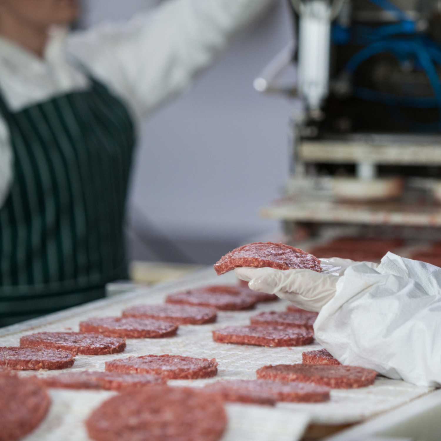 Person in a production line forming meat patties