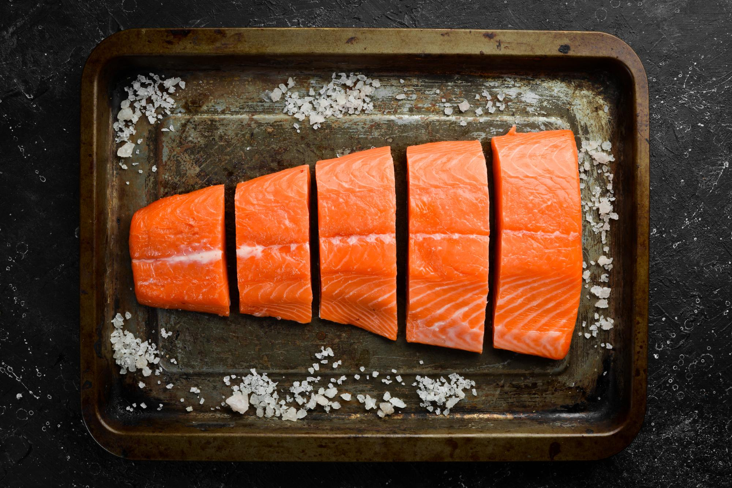pieces-salmon-fillet-with-spices-metal-baking-dish-seafood-top-view-free-space-text