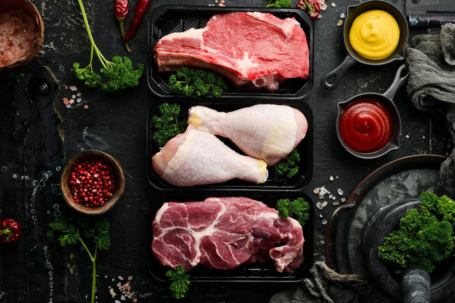 set-fresh-raw-meat-veal-chicken-pork-black-stone-background-organic-food